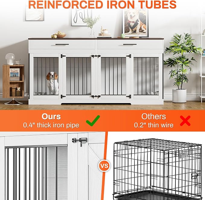 Rophefx 72" Double Dog Crate Furniture with Drawers and Divider, White | Wooden dog kennel for 2 medium dogs with 2 drawers, removable divider, 4 bowls and TV stand top