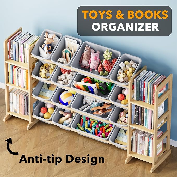 SpaceAid Toy Storage Organizer with 6 Shelves and 16 Bins, Toy Organizers Storage Bookshelf, Kids Bin Shelf Toys Box Bookcase for Bedroom Playroom Organization Room Decor, Neutral Gray
