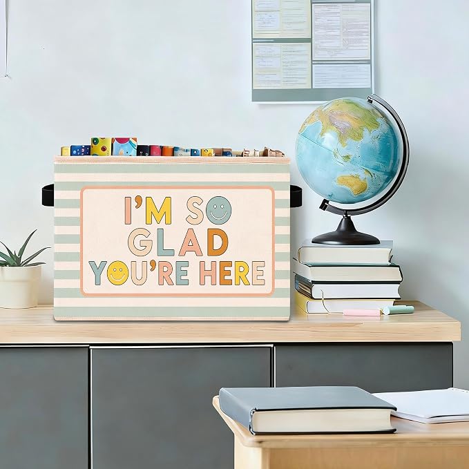 Welcome Storage Bin, Foldable Fabric Basket for Kids Room Classroom | Foldable fabric storage bin with welcome quote design for toys, books, clothes, nursery, classroom, and playroom use.