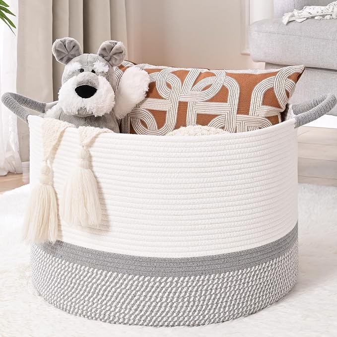 67L Large Blanket Basket, 20"x13" Blanket Basket Living Room, Woven Baskets With Handle, Toy Baskets for Blankets, Nursery, Dog, Pillow, Gift (White & Light Grey)