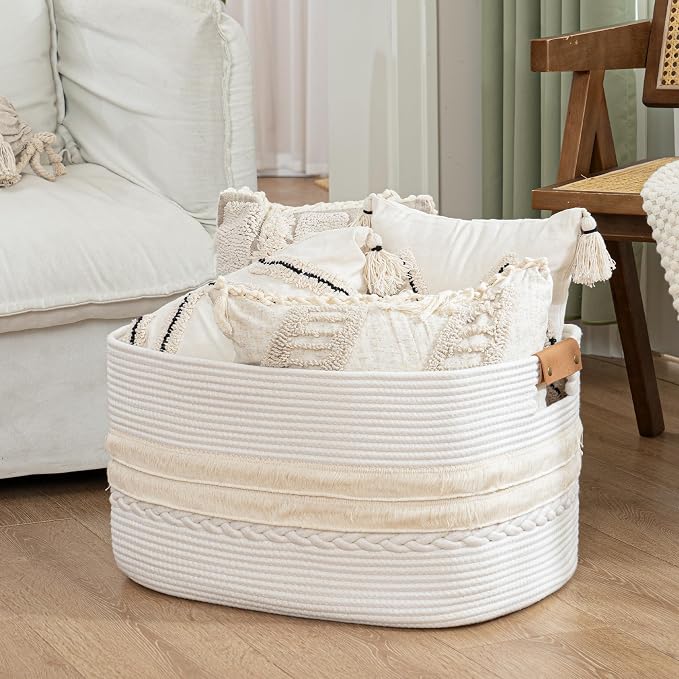 danpinera 108L Large Basket for Living Room, Boho Decorative Basket Organizing with Handles, Cotton Rope Storage for Toys, Pillows, Clothes, 25’’*16’’*16’’ White