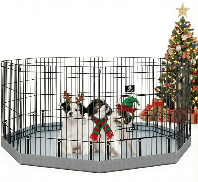 PJYuCien Puppy Playpen with Bottom Pad and Door, 8 Panels 24" H, Gray | 24"W, Dual-function Pad, For Small Pets, Foldable Octagonal Pen, Versatile, Indoor & Outdoor, Backyard, Protects Floors