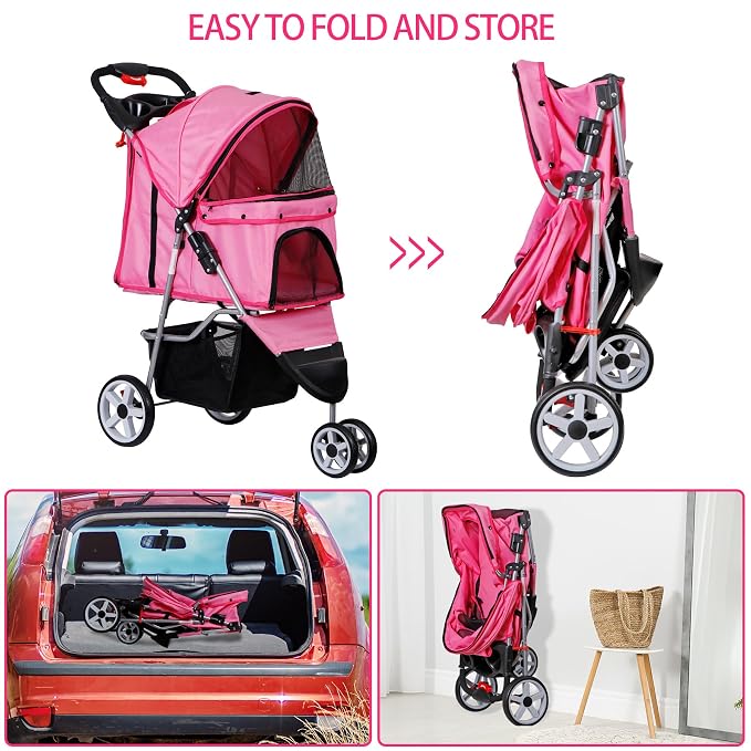 ZENY Pet Stroller for Small/Medium Dogs and Cats Foldable Dog Stroller | with 3 Wheels, Pet Strolling Cart, Dog Travel Carrier with Storage Basket, Cup Holder, Pink