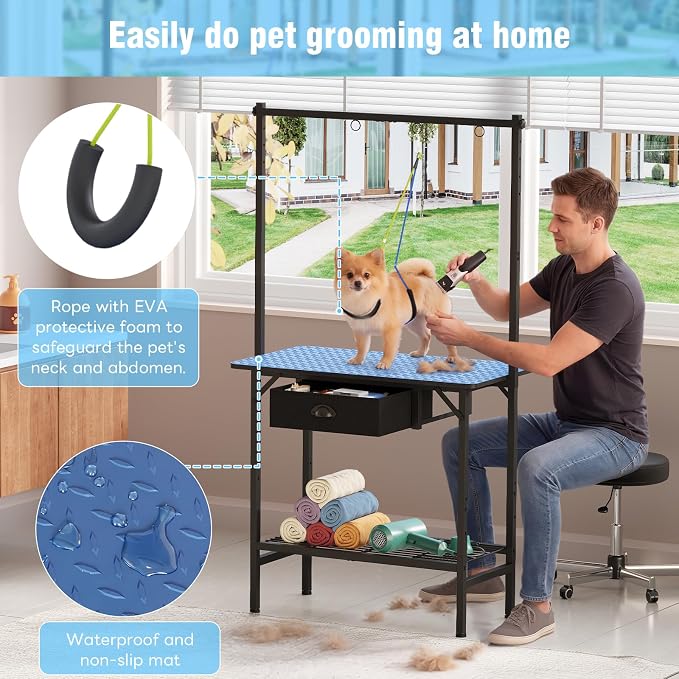 32-Inch Dog Grooming Table with Drawer & Mesh Tray,Adjustable Pet Grooming Table with Non-Slip Removable Washable Mat & EVA Protective Lanyard, Professional Grooming Table for Small Dog at Home（Blue）