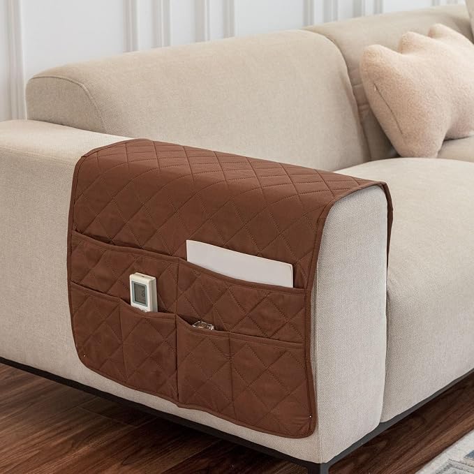 Arm Rest Covers for Sofa with 6 Pockets for Magazine Remote Control Couch Arm Covers Decorate Furniture Ant-Slip Armrest Organizer(Brown)