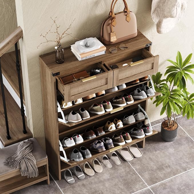 Halitaa Shoe Cabinet with 2 Flip Drawers & 2 Drawers,Farmhouse Shoe Storage Cabinet for Entryway,Slim Freestanding Narrow Organizer Rack for Front Door Entrance,Rustic Oak Rattan