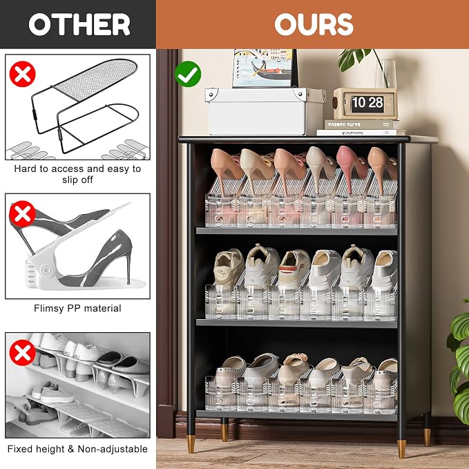 Shoe Stacker, Shoe Slot Organizer for Closet, Shoe Storage Rack | 20 Pack, Clear, 50% Space Saver, 3 Adjustable Height, Tool-Free Assembly, 30% Thicker, Superior Load Bearing