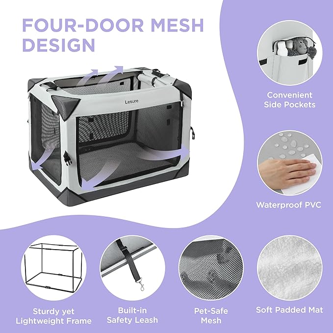 Lesure Portable Soft Collapsible XL Dog Crate, 42in Charcoal Grey | Travel Camping Pet Kennel, 4-door, Indoor and Outdoor Use, Easy to Set Up and Fold, For Extra Large Breeds Up to 90lbs