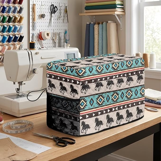 Sewing Machine Cover Polyester Febric Native American Horse Print | Dust Pet Hair Protection,Quilting Design,Fits Standard Singer,Brother Janome Machines,Protecting Decorating Your Sewing Space