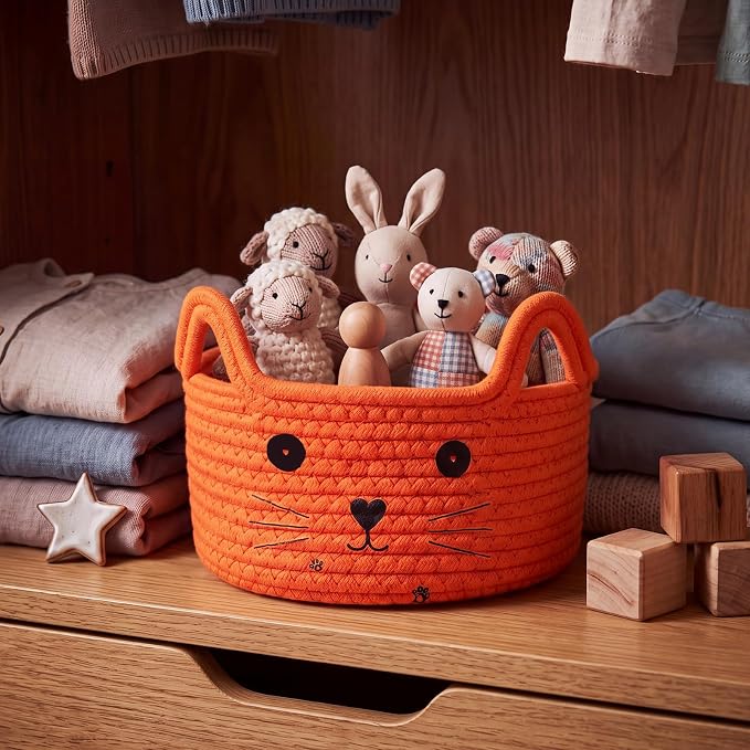 Zopeal Cat Storage Basket Woven Organizer with Ears Decorative Gift Cute Cotton Rope Pet Toy Basket for Gift Cat Dog Toy Bin Nursery Room(8.3 x 4.7 Inch,Orange) | Cute Cotton Rope Organizer with Handles for Toy Box, Nursery Decor, Decorative Bin, Pet S...