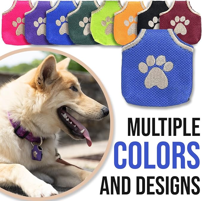 Woofhoof Dog Tag Silencer, Blue Pawprint - Quiet Noisy Pet Tags - Fits Up to Four Pet IDs - Dog Tag Cover Protects Metal Pets IDs, Made of Durable Nylon, Universal Fit, Machine Washable