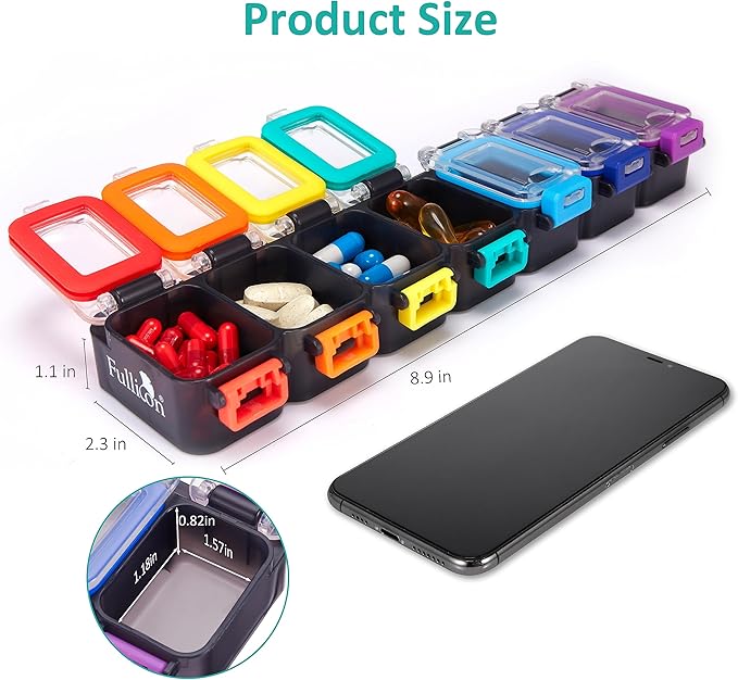 Fullicon Moisture Proof Pill Organizer 7 Day, Pill Box, Rainbow Black | Each Compartment Holds Up to 40 Small or 15 Large Capsules, 10 Tablets, or 9 Fish Oils, Spill Proof, Color Coded, BPA Free