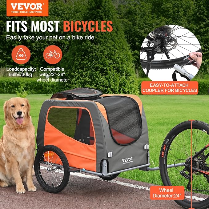 VEVOR Dog Bike Trailer, Supports up to 66 lbs, Pet Cart Bicycle Carrier for Small & Medium Dogs, Easy Folding Frame with Quick Release Wheel, Universal Bicycle Coupler, Reflector, Flag, Internal Leash