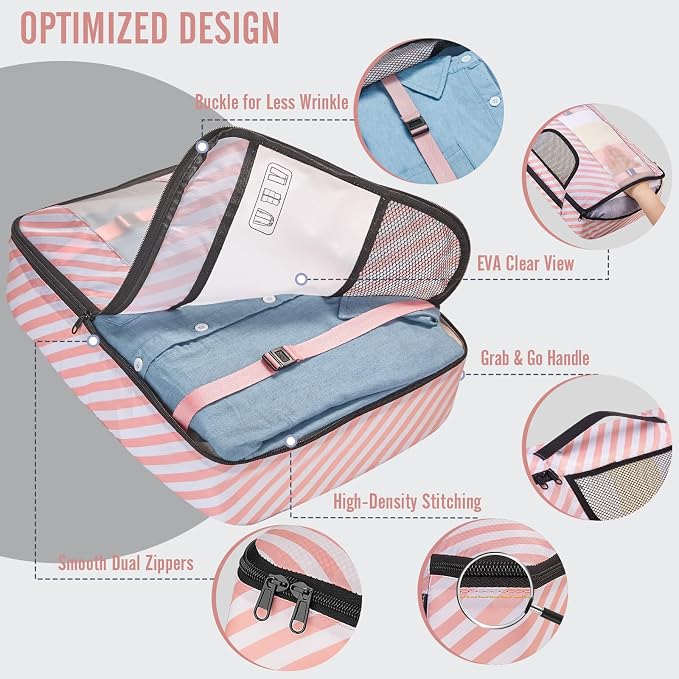 Veken 8 Set Packing Cubes for Travel Essentials, Pink Suitcase Organizer Bags in 4 Sizes, Carry-On Luggage Accessories with Large Laundry & Hanging Toiletry Bag, Must-Have for Airplane, Road Trip