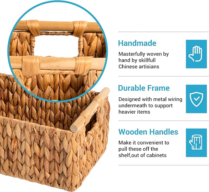 JS HANGER Water Hyacinth Storage Baskets, Handwoven Wicker Shelf Baskets Bin for Organizing Decorative Wicker Baskets with Wooden Handles,12.6"L x 7.9"W x 7.1"H, 2-Pack