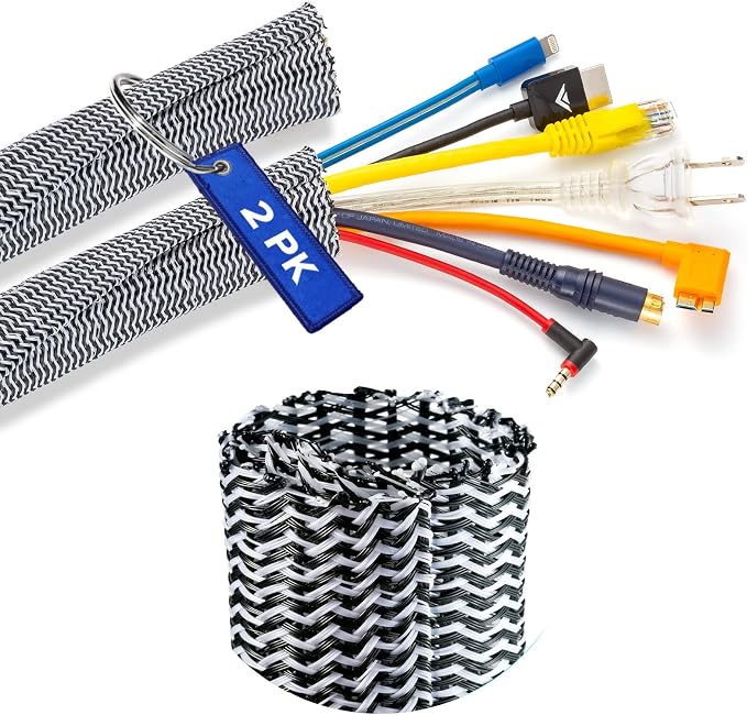 Maximm Cable Management Wire Loom 6ft 1/2 Inch Black and White Split Cord Protector 2 Pack