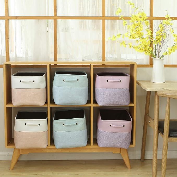 Sea Team Large Rectangle Canvas Open-Top Storage Baskets, 3-Pack | Collapsible Fabric Storage Bins with Handles, Closet Shelf Organizers, 15 x 10 x 10 Inches, Pale Blush & White