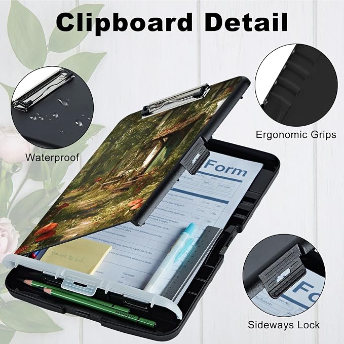 A4 Clipboard with Storage Pen Holder, Clipboards Organizer Nursing Clipboard Foldable File Folder Plastic Clipboard Folio Clip Board for Office Work Classroom Doctor, Red Mushroom Village