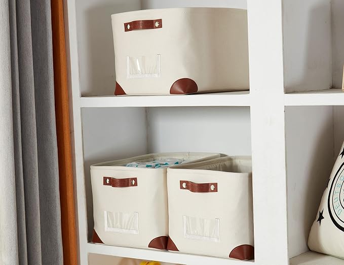 DECOMOMO Storage Bins, Large Fabric Storage Baskets for Shelves 3 Pack | 15 x 11 x 9.5 inches Decorative Linen Closet Organizers with Handles (Creamy White)