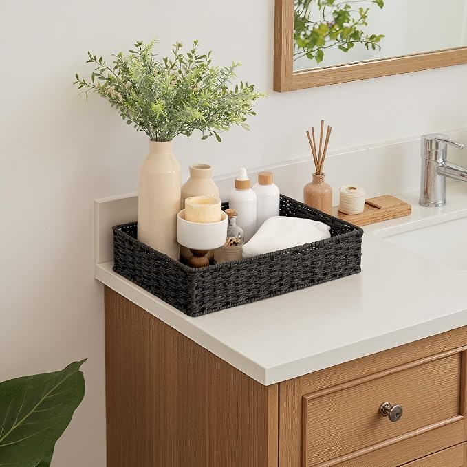 StorageWorks Large Toilet Paper Basket, Wicker Woven Trays for Decor, Black | Bathroom Vanity Tray for Countertop, Entryway, Shallow Bathroom Baskets, Wicker Storage Baskets for Shelves, Bedroom, 2 Pack
