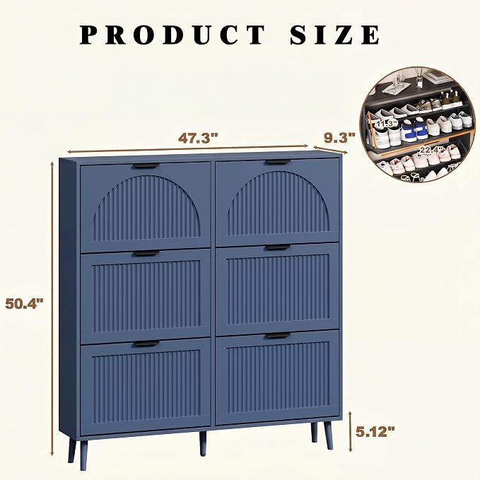 Shoe Storage Cabinet with 6 Flip Drawers, Narrow Wood Shoe Organizer Cabinet with Fluted Panel, Slim Shoe Rack for Entryway, Freestanding Shoe Cabinet for Living Room, Hallway, Blue