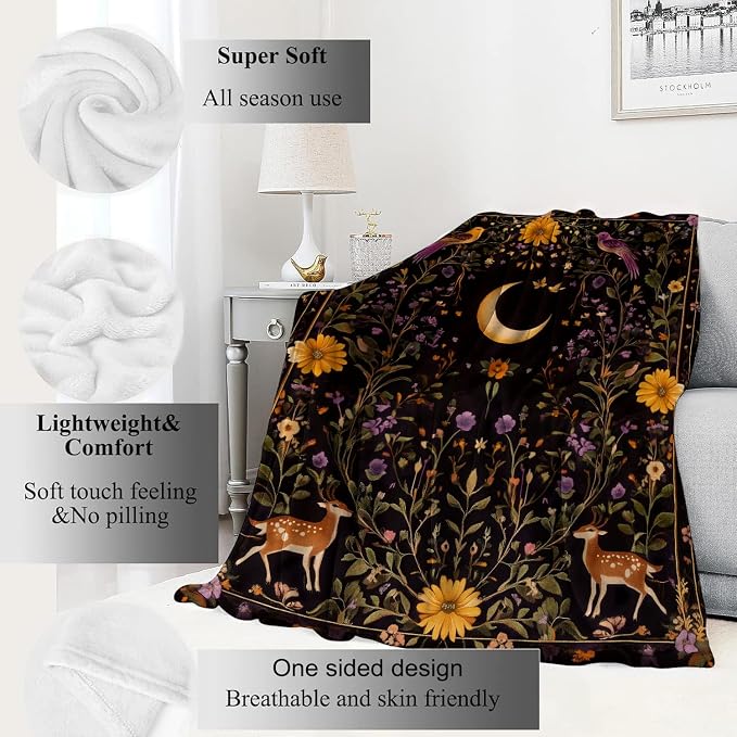 Mystical Moon and Deer Blanket Enchanting Floral Throw Blankets,Birthday Gifts for Kids Girls Women,Lightweight Soft Fleece,Nature Lovers,Sofa Couch Bed Room Modern Decor 50x60in