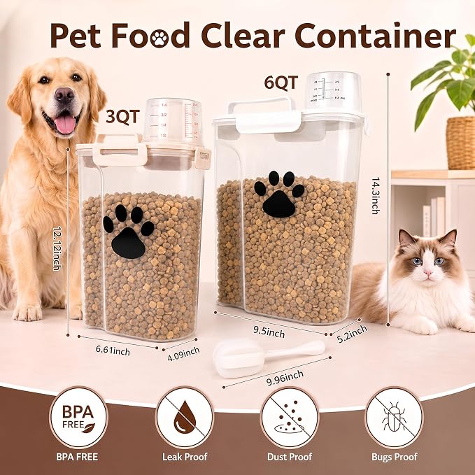 5-7Lbs Dog Storage Container with cleaning brush and Measuring Cup | Airtight Portable Pet Food Containers with Upgraded Large Spout and Cup for Dogs,Cats,Birds,2 Packs（3L+5L） White