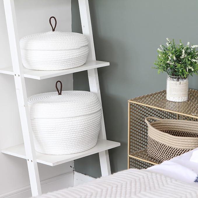 Sea Team Round Woven Cotton Rope Storage Basket with Lid, White | Lidded Knitted Decorative Storage Bin, Pot, Caddy, Organizer, Container for Snacks, Towels, Plants, 13 x 5.5 Inches