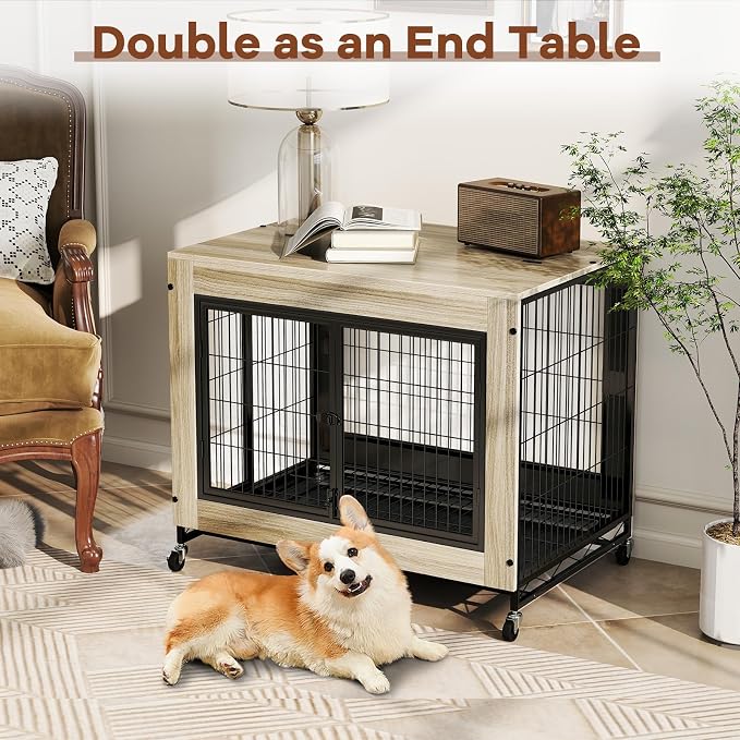 PETSITE Portable Dog Crate Furniture, 38 Inch Wooden Dog Kennel Side Table with Flip-up Top, 3 Lockable Doors and Removable Tray, Ideal for Small to Medium Dogs (Grey)