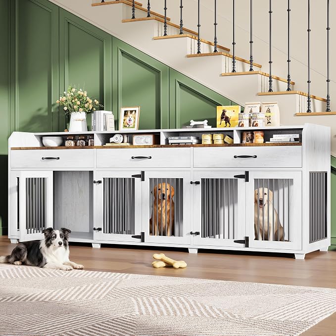 AMERLIFE 95" Dog Crate Furniture, Multi-Functional TV Stand with Storage | Dog Kennel with Drawers & Removable Divider for Medium/Small Dogs, White Barnwood