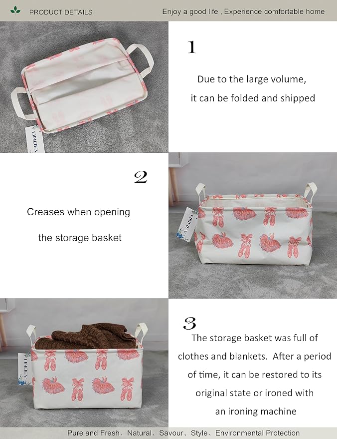 Rectangular Pink Ballerina Storage Bin,Closet Organizer Basket | Waterproof,reinforced handles,foldable bin holds apparel,dance gear, sundries & belongings for teen-girl bedrooms
