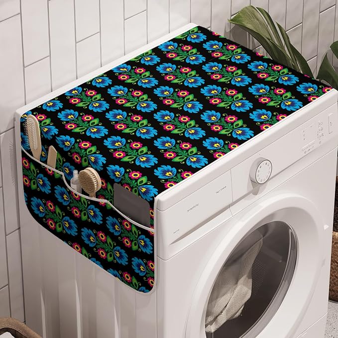 Ambesonne Folk Art Washing Machine Organizer Pack of 2, Culture Themed Traditional Polish Flower Ornamental Motif on Dark Background, Anti-Slip Cover for Washers Dryers, 47" x 18.5", Black Blue