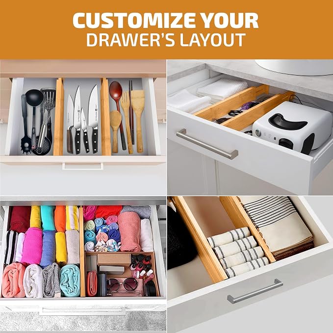 4-Pack Drawer Dividers 2.6-Inch High Dresser Drawer Organizer 16 to 22 Inch | Bamboo, Spring Loaded, No Tools Needed, Fits Wide Drawers for Socks, Clothes, Utensils, Bedroom, Bathroom, Kitchen, Office