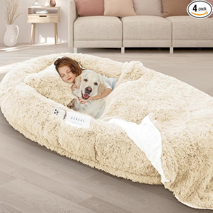 ROOMTEC Human Dog Bed, 78''x51''x12'' Size Fits Adult and Pet Washable Giant People Bed 10 CM Thick Memory Foam Large Oversize Pet Bed with Plump Pillow, Blanket, Strap - Beige
