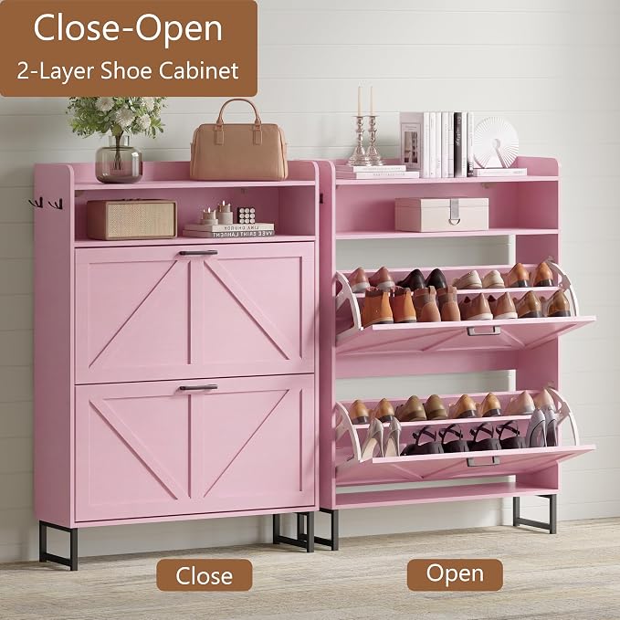 Xixini Shoe Storage Cabinet with 2 Flip Drawers, Entryway Shoe Rack, Pink | Freestanding Narrow Shoe Storage, Hidden Slim Wood Shoe Organizer, Modern Farmhouse, Open Storage & Hooks for Closet, Hallway