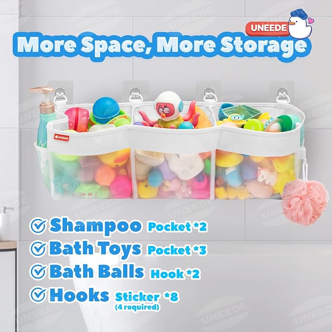 UNEEDE 4.95 Gallons 3 Compartment Horizontal Bath Toy Storage | Extra Large Capacity,Mesh Quick Dry Bathtub Storage and Organizer,Easy Access Baby Bath Toy Holder Shower Caddy