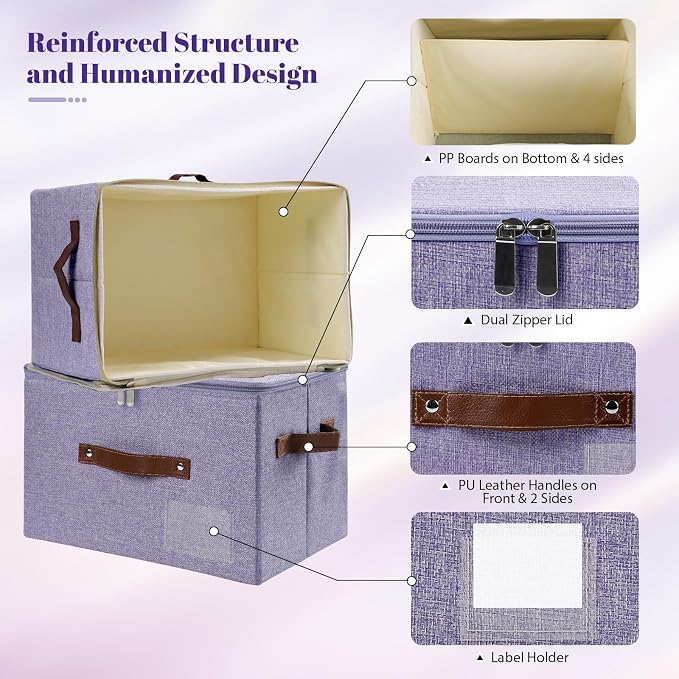 ANMINY Small Storage Box Fabric Bins with Zipper Lid, 10"x8"x7" Purple | Keepsake Box, Decorative, Cotton Linen, Reinforced PP Board Frame, Washable, Stackable & Foldable, Label Holder & PU Handles