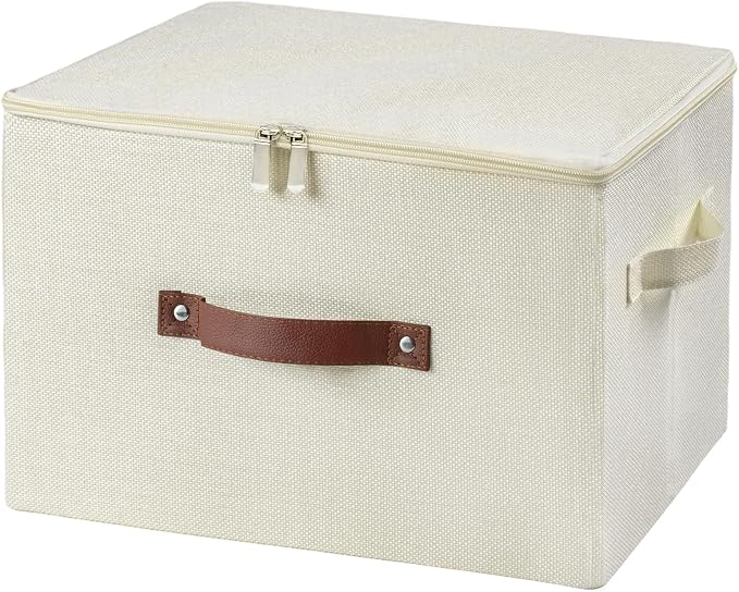 Storage Bins with Zipper Lid Decorative Lidded Storage Boxes | Collapsible Cotton Linen Fabric Storage Baskets, PU Leather Handle, Stackable Shelf Closet Organizer(Beige, Large)