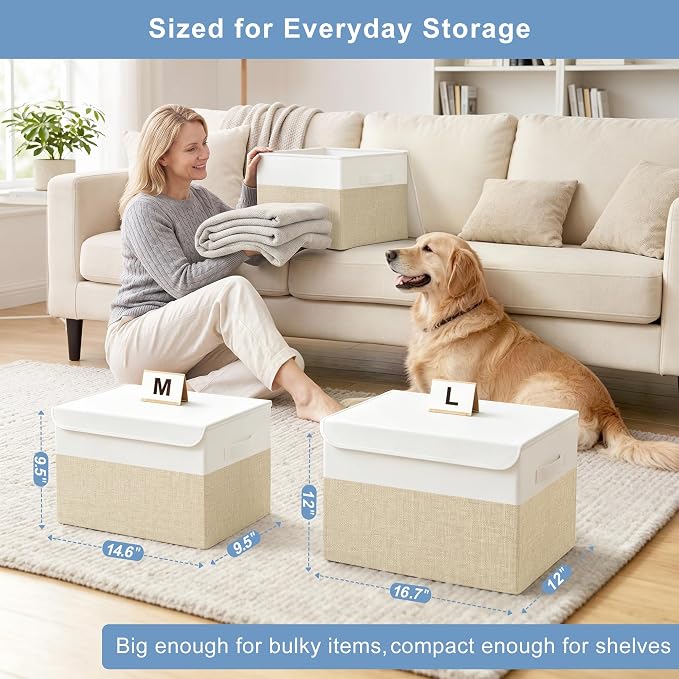 Large 22 Quart Linen Fabric Foldable Storage Bin Cube Organizer Basket with Flip-Top Lid & Handles, Clothes Blanket Box for Home, Office, Closet, Beige & White, 4 Pack 14.6 x 9.5 x 9.5”