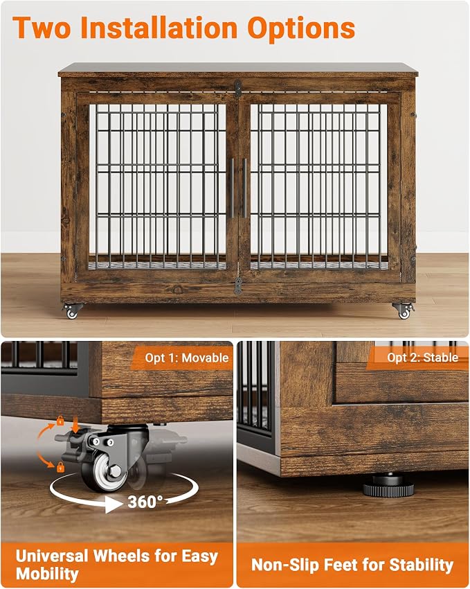 YaFiti Dog Crate Furniture, 44" Wooden Dog Kennel, 2 Pack, Rustic Brown | Cushion, Wheels, Double Doors, for Large Dogs, Up to 85 lb, Furniture Style, Side End Table, Decorative Pet Cage House