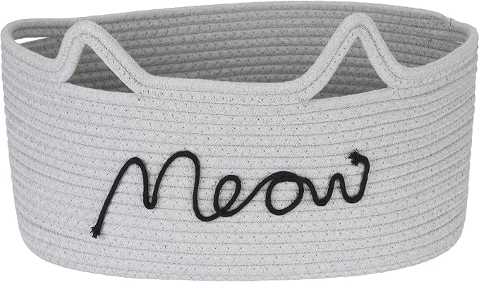 Sea Team Cat Toy Storage Basket with Handles and Ears, Gray Meow | Large Cotton Rope Storage Bin, Shelf Basket, Organizer for Pet Chew Toys, Foods, 16.5 x 11 x 7 Inches, 4.4 Gallons