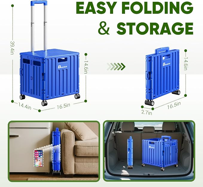 Folding Utility Cart with Lid, Portable Rolling Crate Handcart Collapsible Shopping Trolley, Durable Plastic Foldable Tool Basket with 4 Rotate Wheels for Grocery, Office, Luggage, School - Blue