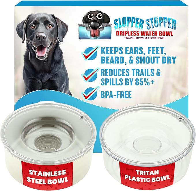 Slopper Stopper Tritan Plastic Dripless Water Bowl with Lid – Holds 1 Gal, Reduces Spills & Trails Up to 85%+, Water Bowl for Medium Breed Dogs (21-50 lbs), The Original Slobber Stopper