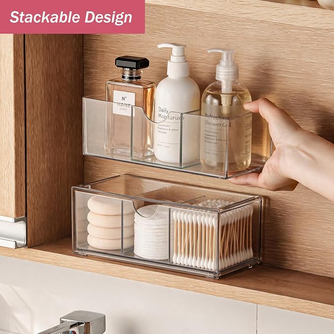 2 Tier Clear Bathroom Counter Organizer, Stackable Storage Drawers