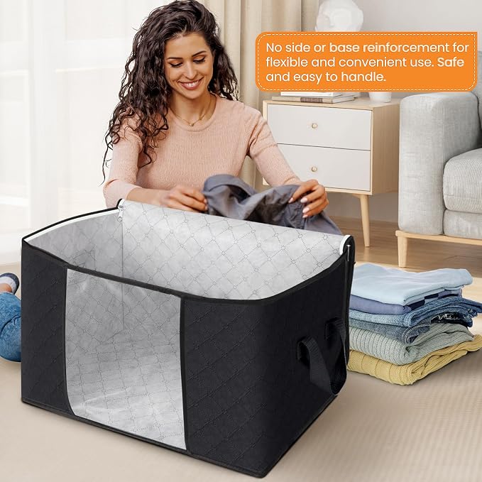 90L Clothes Storage, Foldable Thick Fabric Blanket Storage Bags | Foldable Containers with Zippers,Window and Handles for Organizing Bedroom, Closet, Comforter, Bedding,Dorm essentials