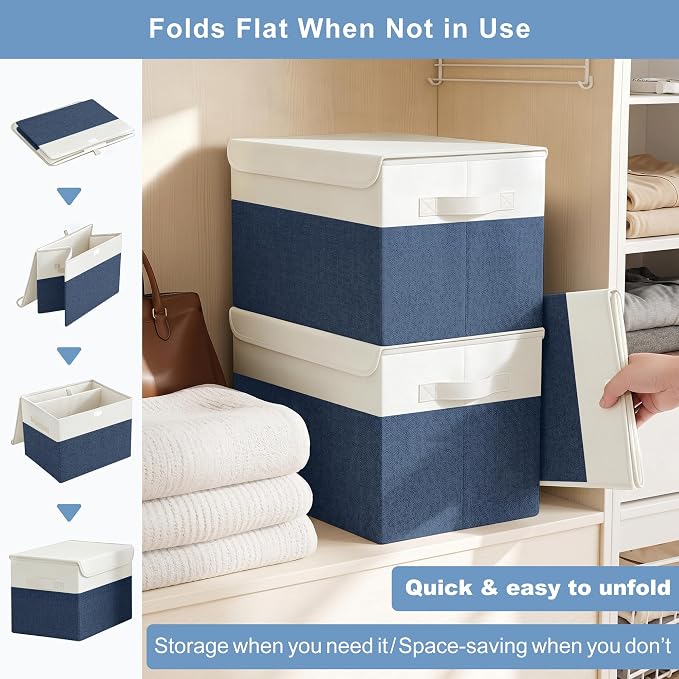 Large 22 Quart Linen Fabric Foldable Storage Bin Cube Organizer Basket with Flip-Top Lid & Handles, Clothes Blanket Box for Home, Office, Closet, Navy Blue & White, 4 Pack 14.6 x 9.5 x 9.5