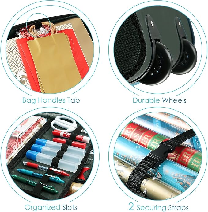 Hearth & Harbor Holiday Storage with Extra 2 PC of Christmas Storage Bins and Ribbon Storage Organizer - Fade Resistant Wrapping Paper Storage Containers with Wheels Fits Up to 30 Rolls of 40" Length