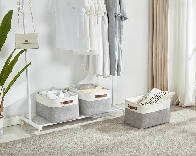 DECOMOMO Storage Bins, Large Fabric Storage Baskets for Shelves 1 Pack | 15 x 11 x 9.5 inches Decorative Linen Closet Organizers (Grey & White)