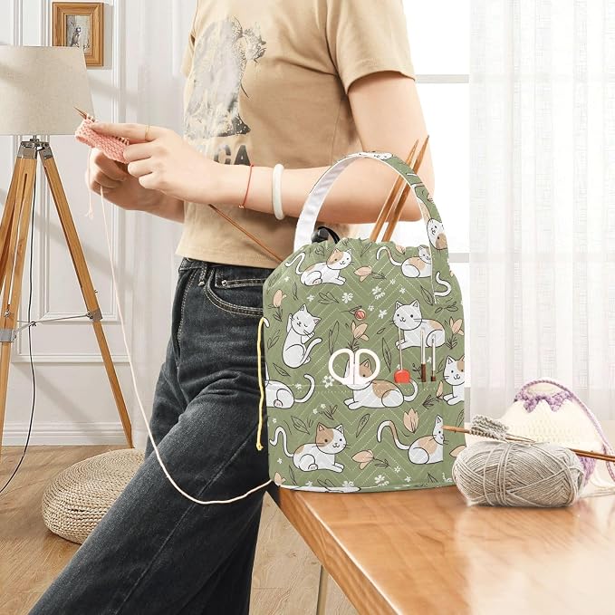 Fustylead Simple Cute Cats and Flower Leaves Crochet Drawstring Organizer, Large Yarn Bag Storage Tote Basket for Crocheting On The Go, Kit Holder, Gift for Knitter, Crochet Beginner