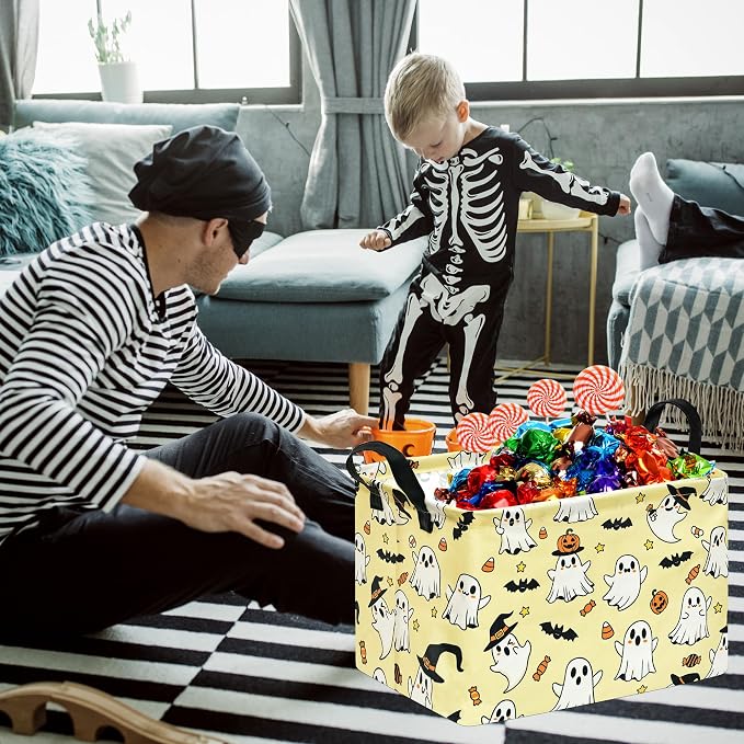Halloween Basket Yellow Pumpkin Ghost Storage Toy bin For Boys Girls Kids | Foldable Storage Basket ,Waterproof Organizer Bin,Pumpkin Bat Pattern Nursery Hamper, Halloween Decor,Collapsible Organizer